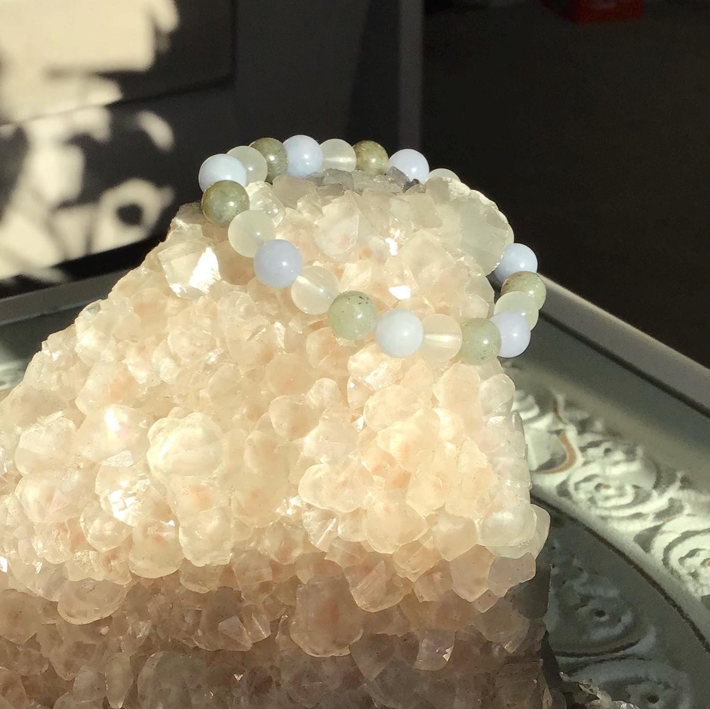 Angelic Harmony Crystal Bracelet -Angelite, White Jade and Labradorite.