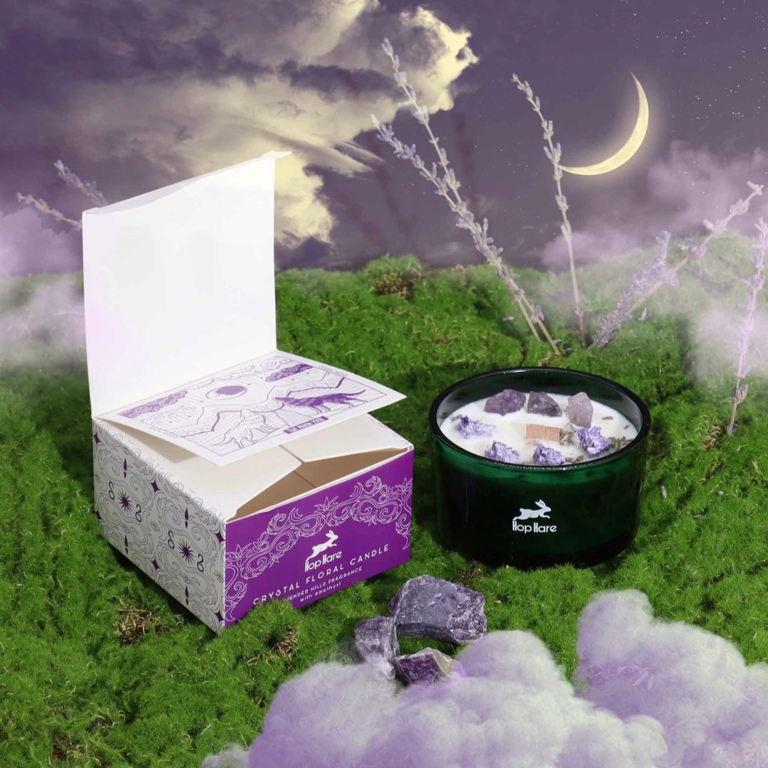 The Moon- Hop Hare Crystal Flower Candle - Amethyst and Lavender