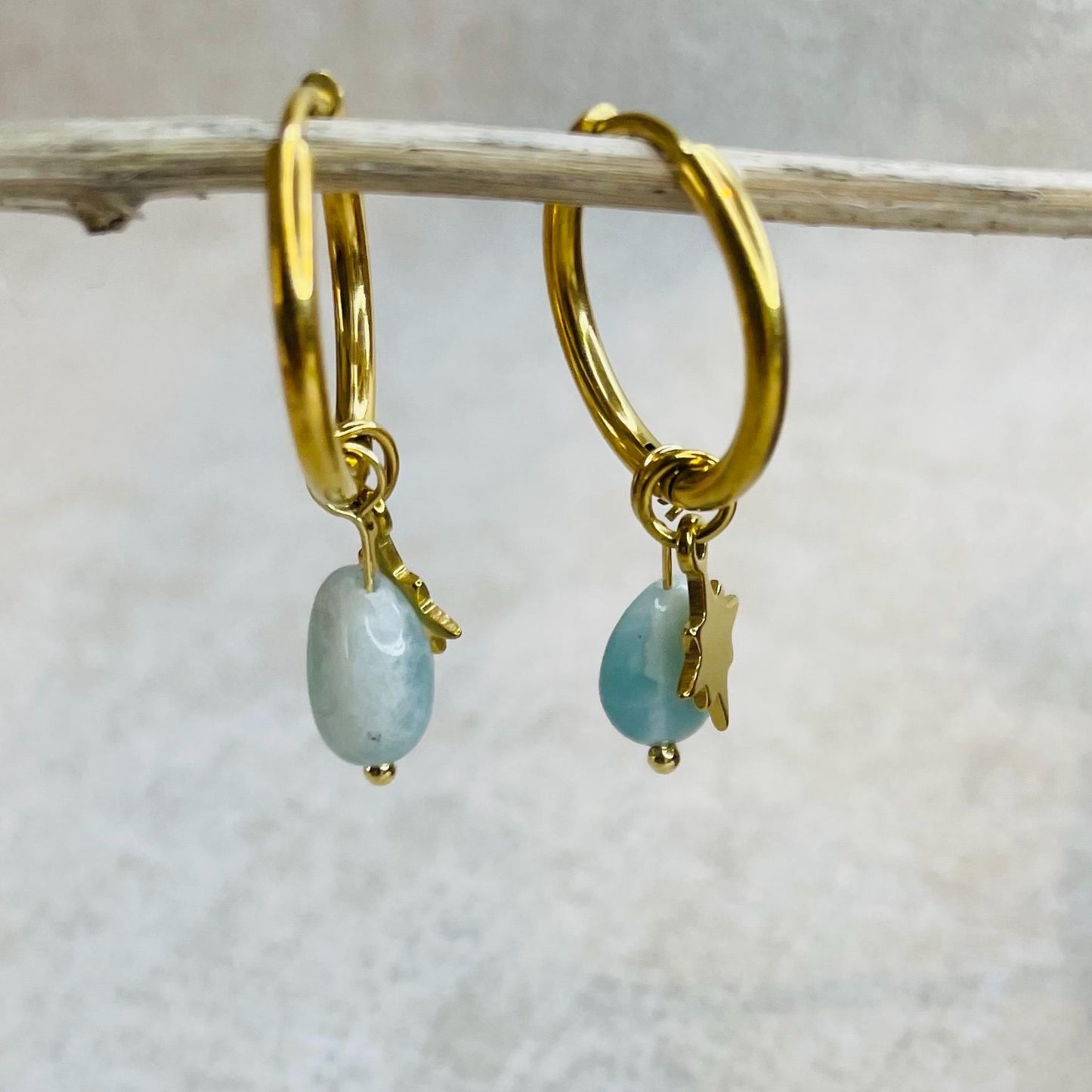 Amazonite Crystal Starburst Huggie Hoop Earrings -18kt Gold Plated