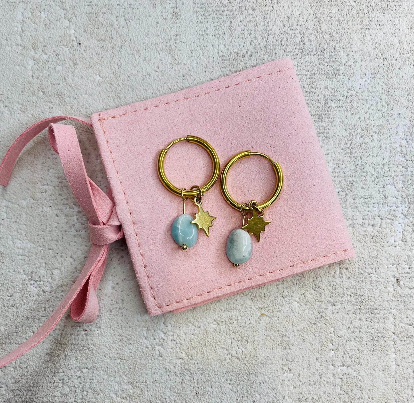 Amazonite Crystal Starburst Huggie Hoop Earrings -18kt Gold Plated