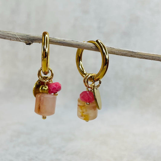 Agate Crystal Drop Huggie Hoop Earrings - 18kt Gold Plated