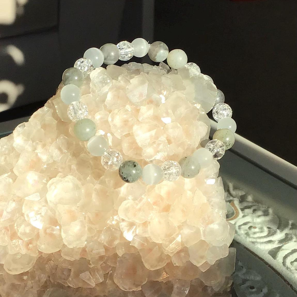 Clarity Crystal Bracelet- Selenite , Labradorite and Crackle Quartz