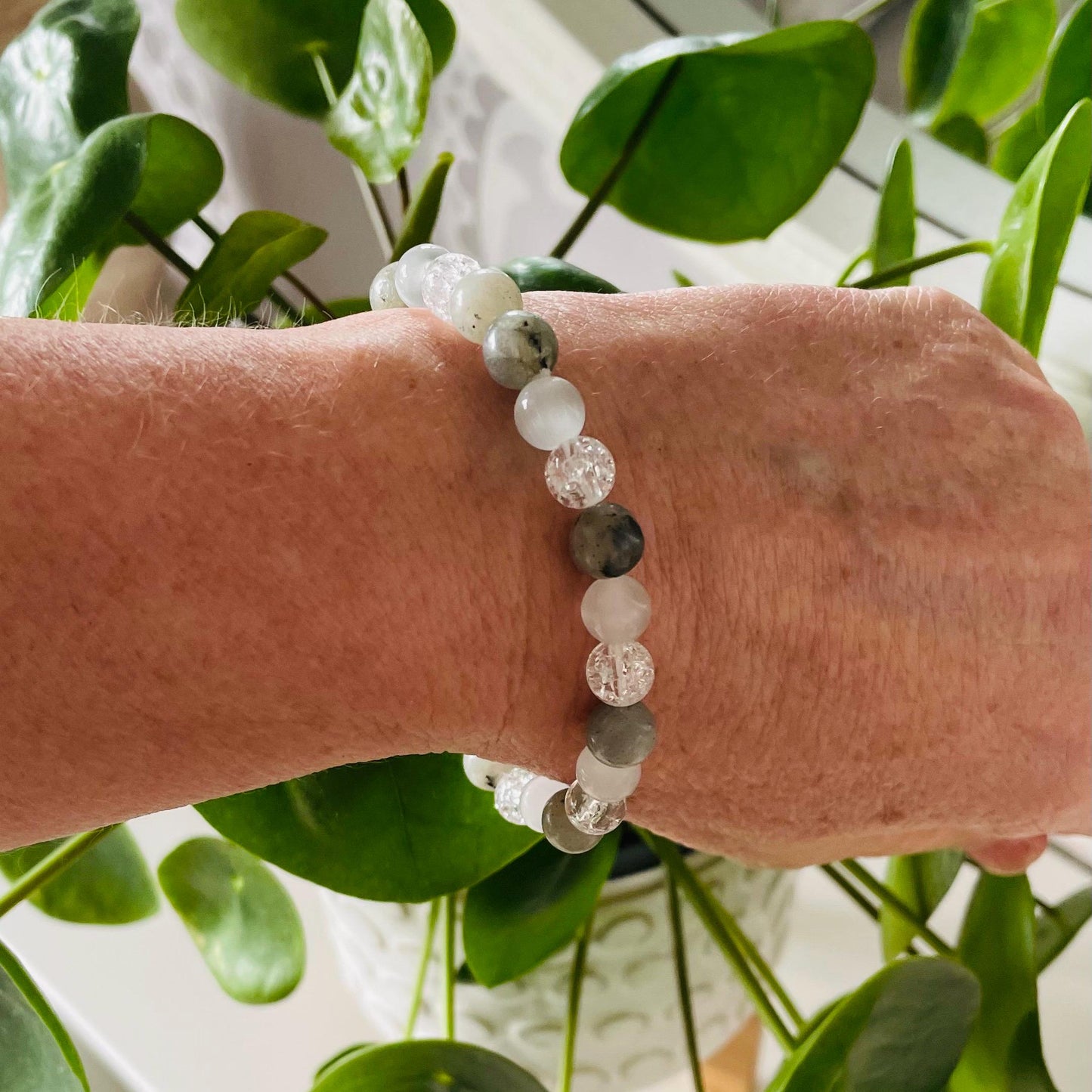 Clarity Crystal Bracelet- Selenite , Labradorite and Crackle Quartz