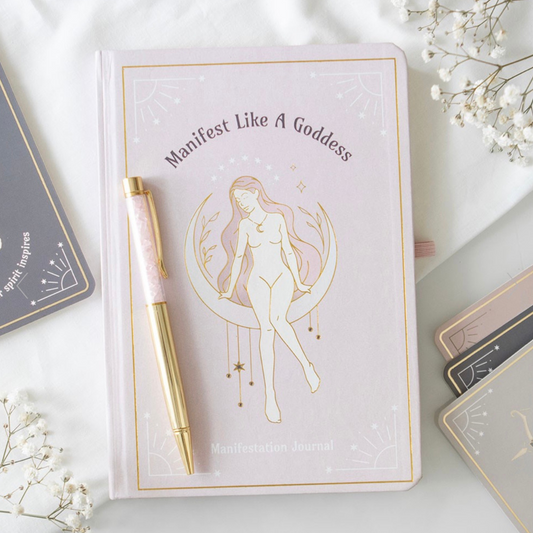 Manifest Like A Godess Journal with Rose Quartz Crystal Chip Pen