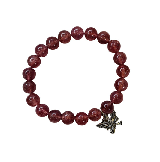 Strawberry Quartz  Crystal Bracelet with Sterling Silver Butterfly Charm