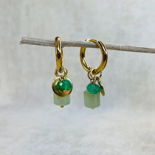 Green Aventurine Crystal Drop Huggie Hoop Earrings - 18kt Gold Plated